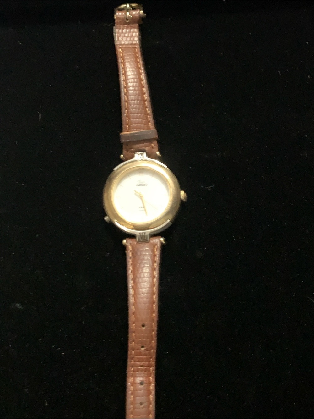 Vintage Timex Indiglo Brown Leather Strap Women’s Watch with Gold Case